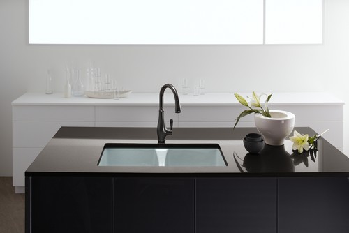 Cast Iron with Enamel Sink Shines on Espresso Ceasarstone Countertop